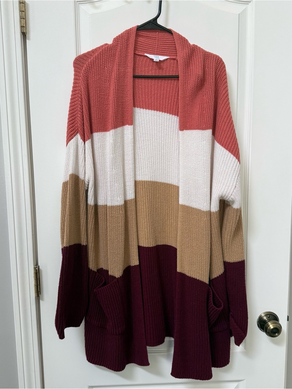 Colorblock Open-Front Women's Cardigan Sweater - Coral, Cream & Burgundy